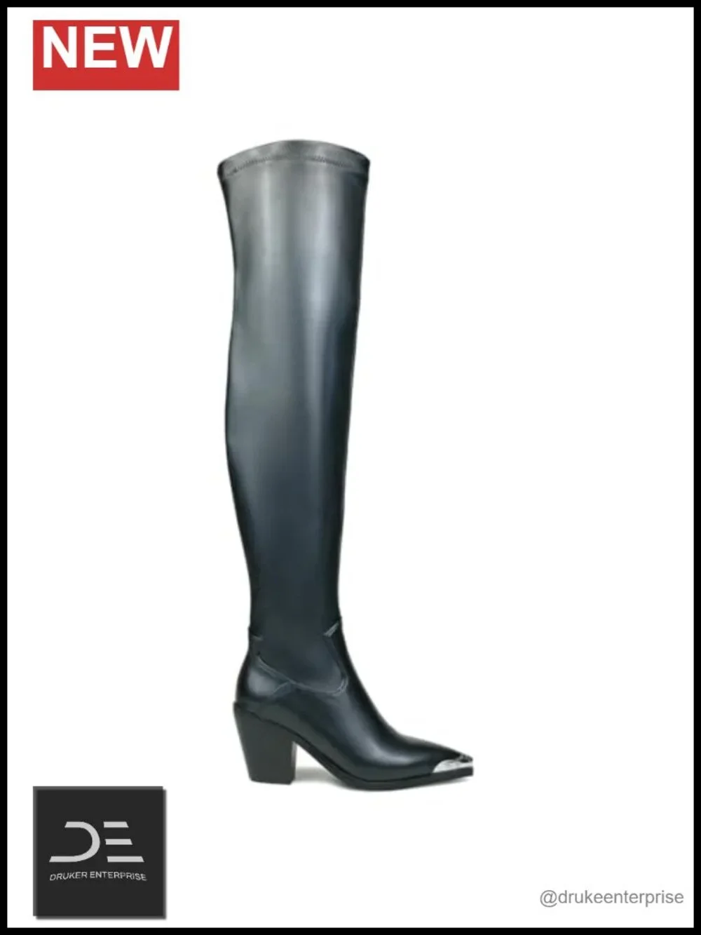 Faux Leather Pointed Toe Chunky Heel Thigh High Boots Side Zipper